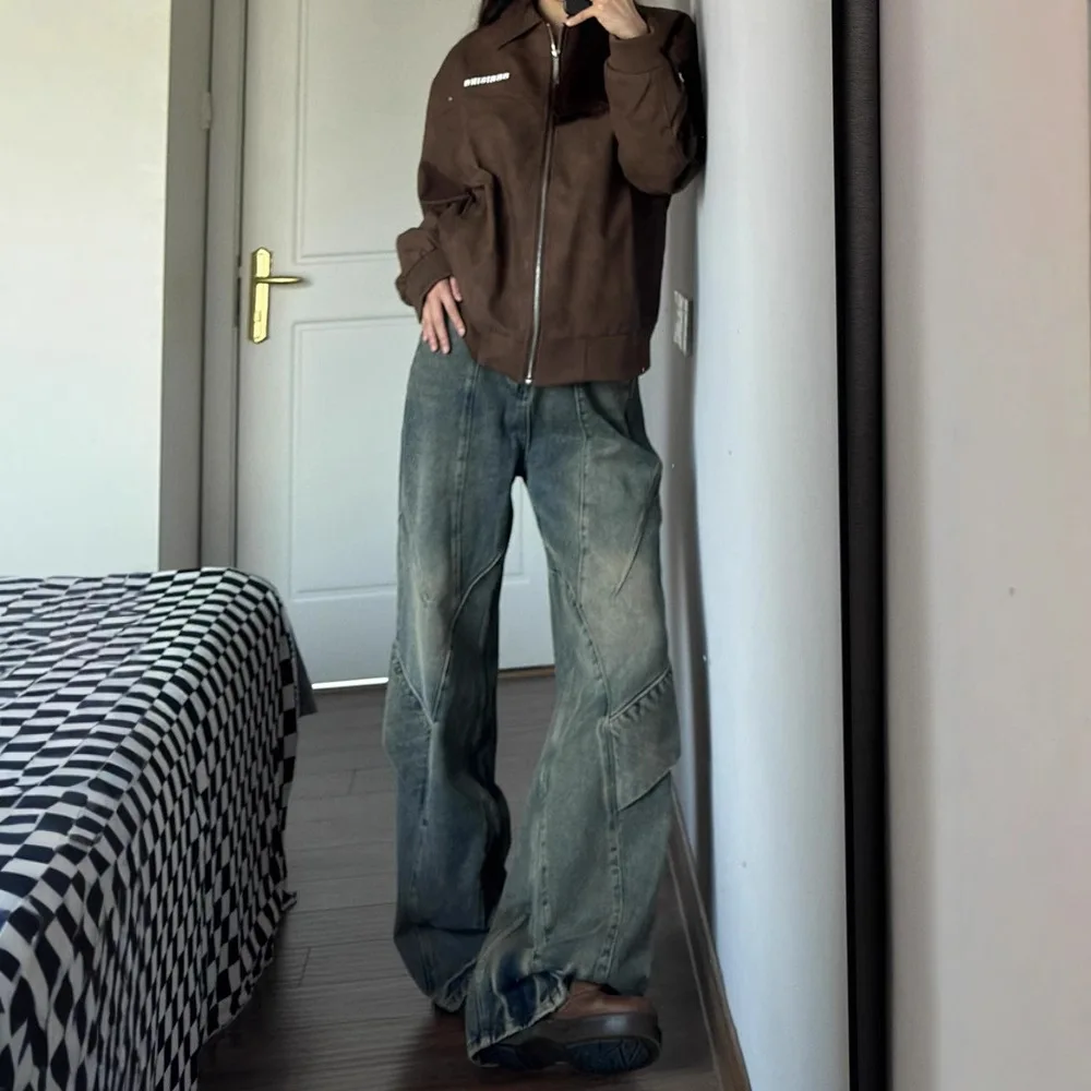 Unsiex Jeans 2025 Herfst Retro Gewassen Panelen Cargo Denim Broek Man Vrouwen High Street Wijde Pijpen Rechte Pijpen Vloer Slim Fit Jeans