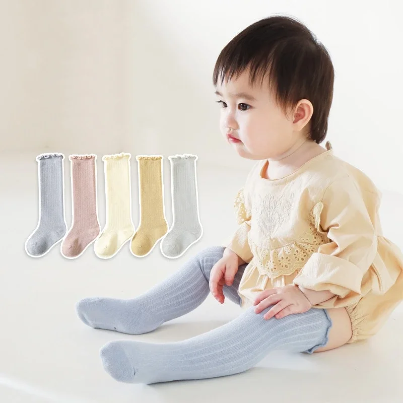 Ruffle Kids Knee High Socks Baby Girls Toddlers Long Soft Cotton Sock Lace Flower Children School Uniform Socks for 0-6 Years