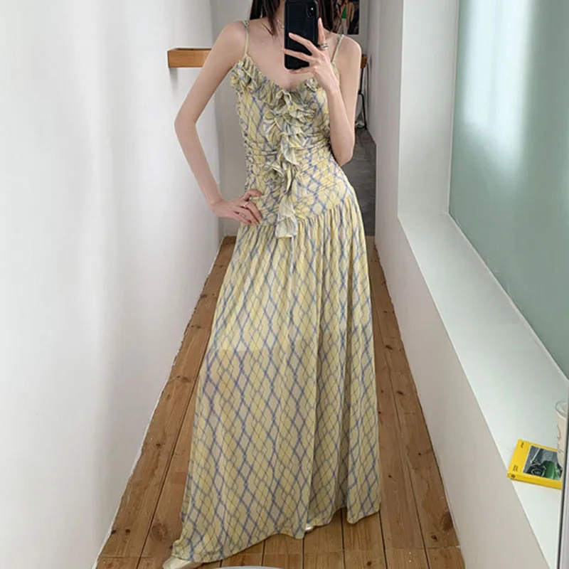 Lady Dress Checkered Pattern V-neck Pleated Edge Decoration A-line Sleeveless High Waist Slim Fashion Versatile Sling Long Dress