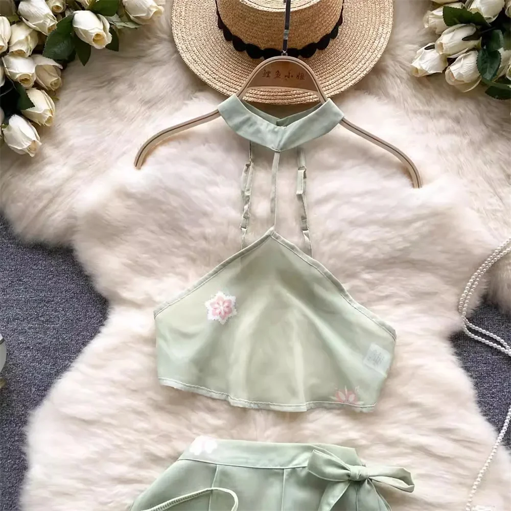 انظر من خلال الحلو مثير الرسن الرقبة أكمام قصيرة المحاصيل الأعلى حزام تنورة صغيرة مطبوعة الأزهار المرأة مجموعة الصينية Hanfu زي جديد #2