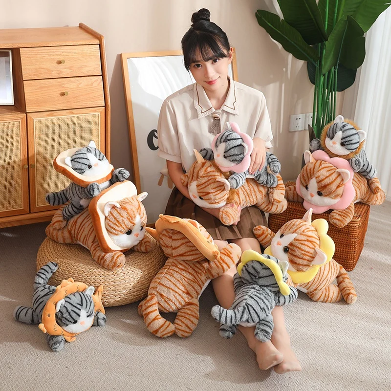 1Pc 30/40cm Cartoon Lying Cat Plush Toys Kawaii Cats with Bread Flower Head Cover Stuffed Soft Dolls for Birthday Gifts