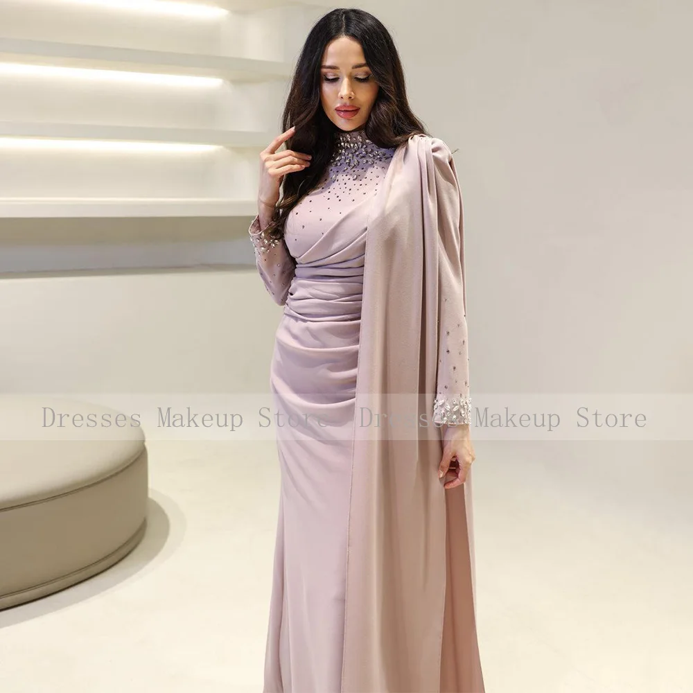 Pink Evening Dresses Crystal High Collar Full Sleeves Satin Wedding Guest Gowns for Women Mermaid Luxury Formal Party Dress Long