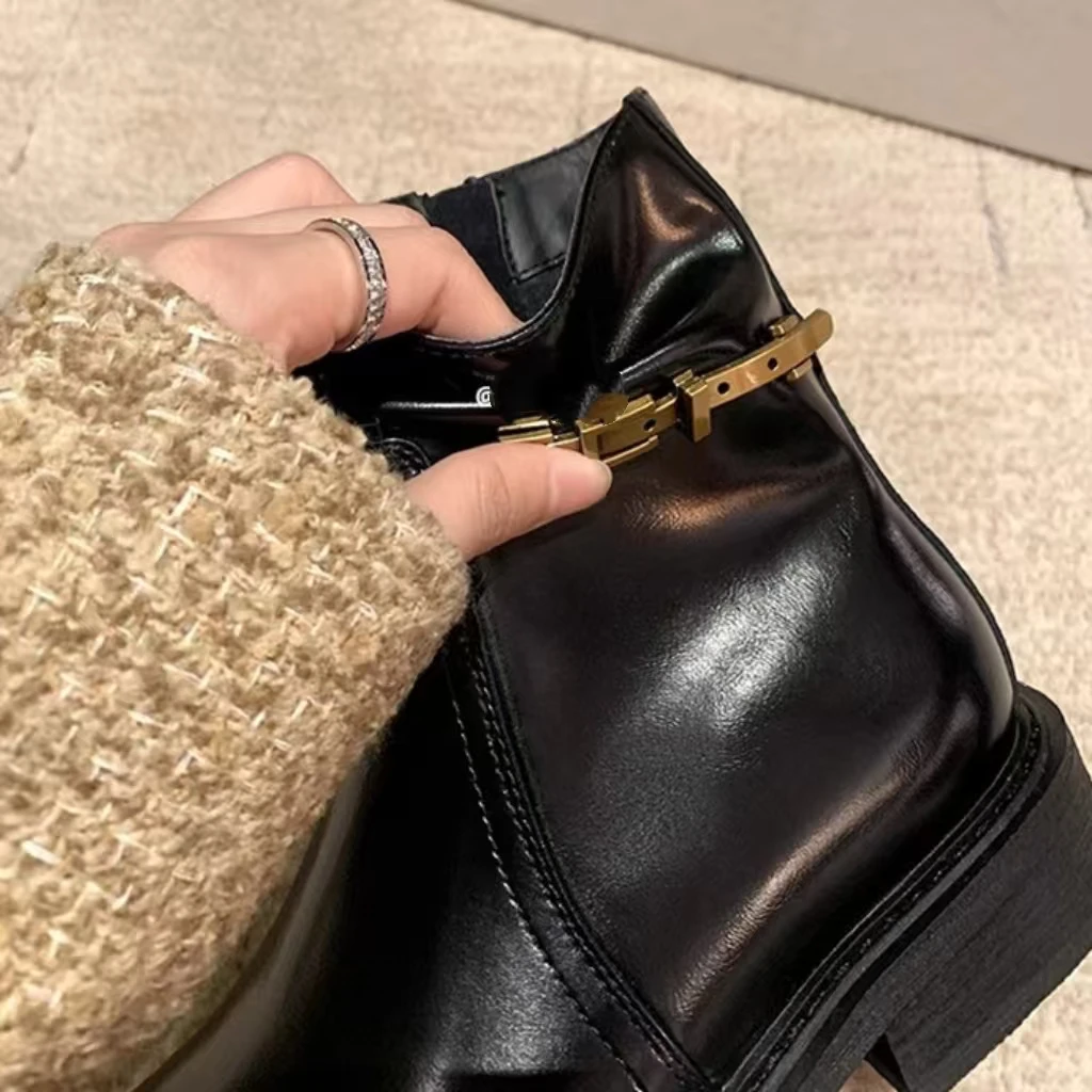 Spring New British Style Women Ankle Boots Fashion Studded Ankle Strap Women Chelsea Boots Black Round Toe Women Boots