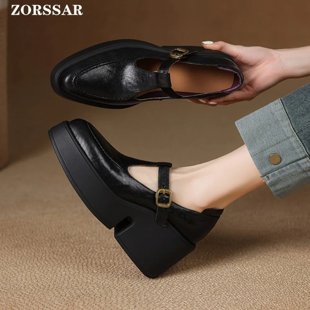 

Chunky Platform High Heel Pumps Women 2026 Genuine Leather Pointed Toe Ankle Buckle Mary Jane Shoes Woman Thick Soled Wedge Shoe