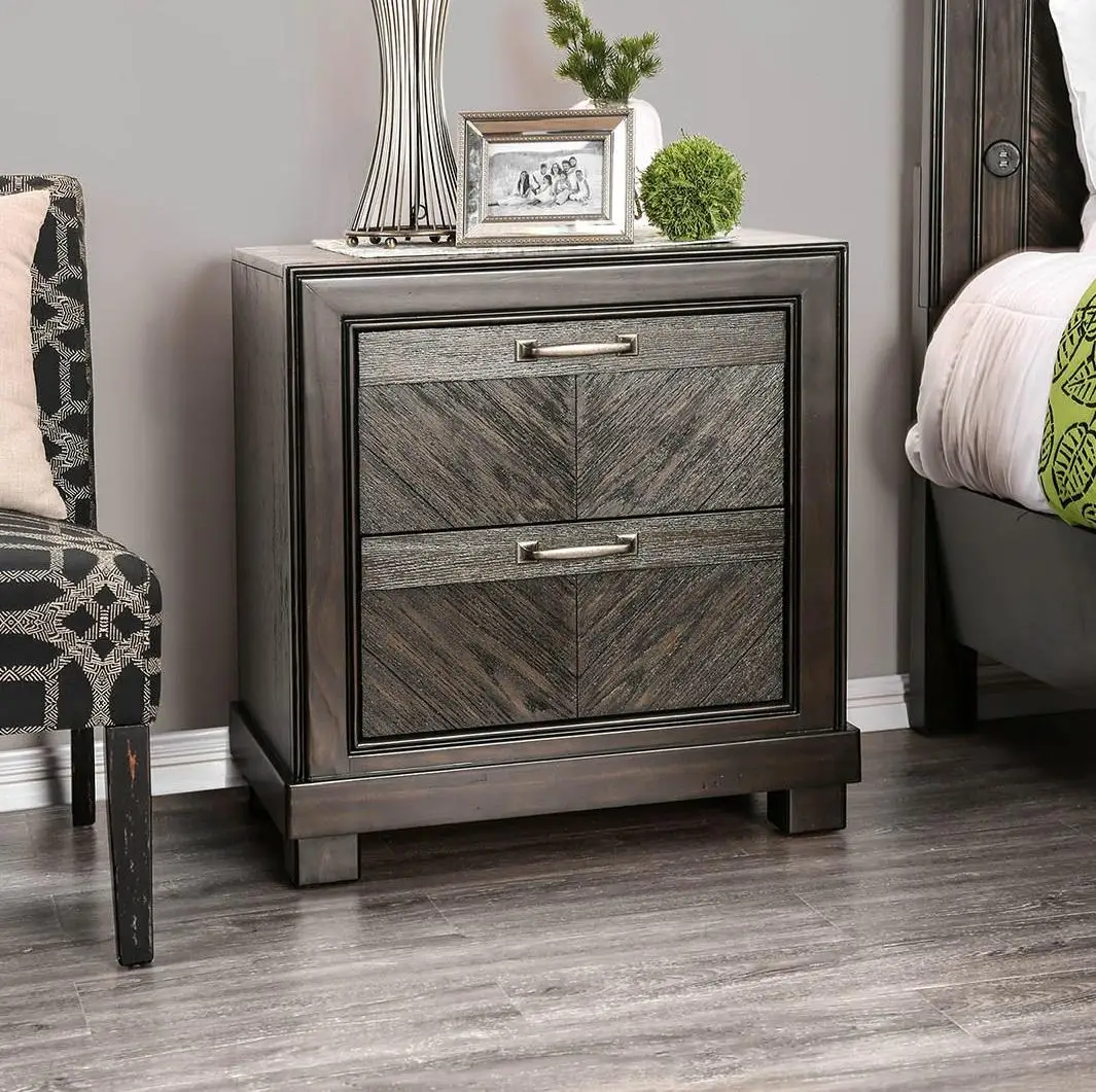 

Espresso Color 1pc Nightstand V-Shape Plank Design Bedroom Furniture Bedside Table Nickel Bar Pull Solidwood 2- Storage Drawers