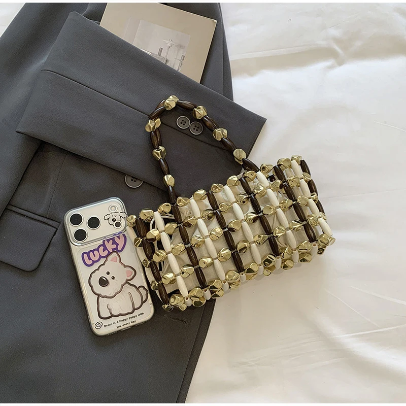 Ausgehöhlte Holzperlen-Handtasche mit gewebtem Obergriff und Canvas-Innentasche mit Kordelzug, koreanische leichte schicke Strandtasche für Damen – Detail 5