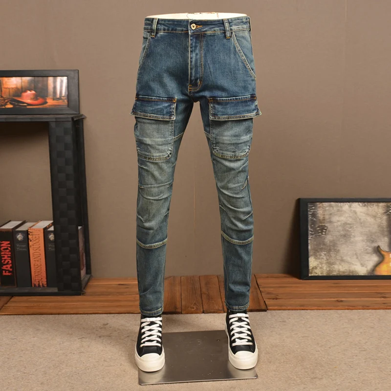 

High Street Fashion Men Jeans Retro Blue Stretch Slim Fit Ripped Jeans Men Big Pocket Spliced Designer Hip Hop Denim Cargo Pants