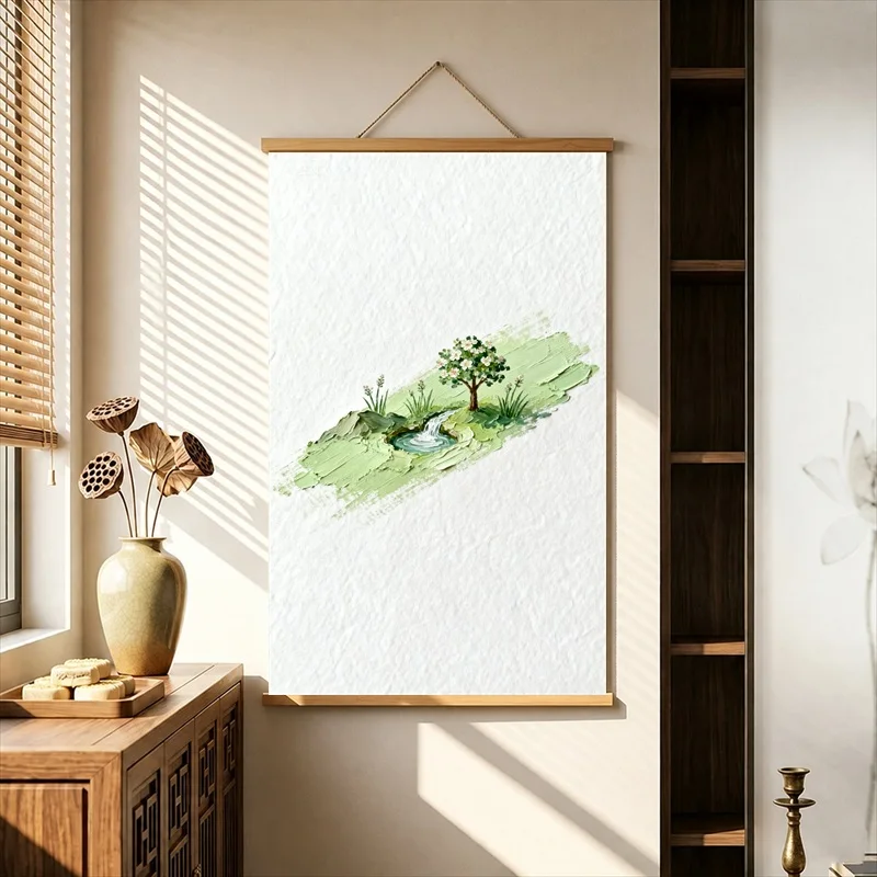 Wall Decorations Tiny Boats crossing Blue Cosmic Islands, Dreamy Surreal Pearlescent Canvas Hanging Scroll for Meditation Dome