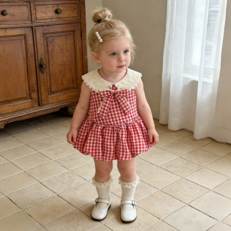 Girls Dresses Summer Cotton Red Checkered Bow Sleeveless Baby Girl Dress Cartoon Casual Beach Baby Clothing
