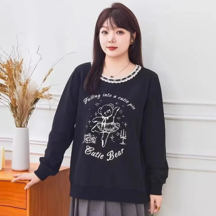 

Круглый свитшот Ne Long Sve с кружевной отделкой больших размеров, женский весенне-осенний новый свободный крой, удобный топ с принтом