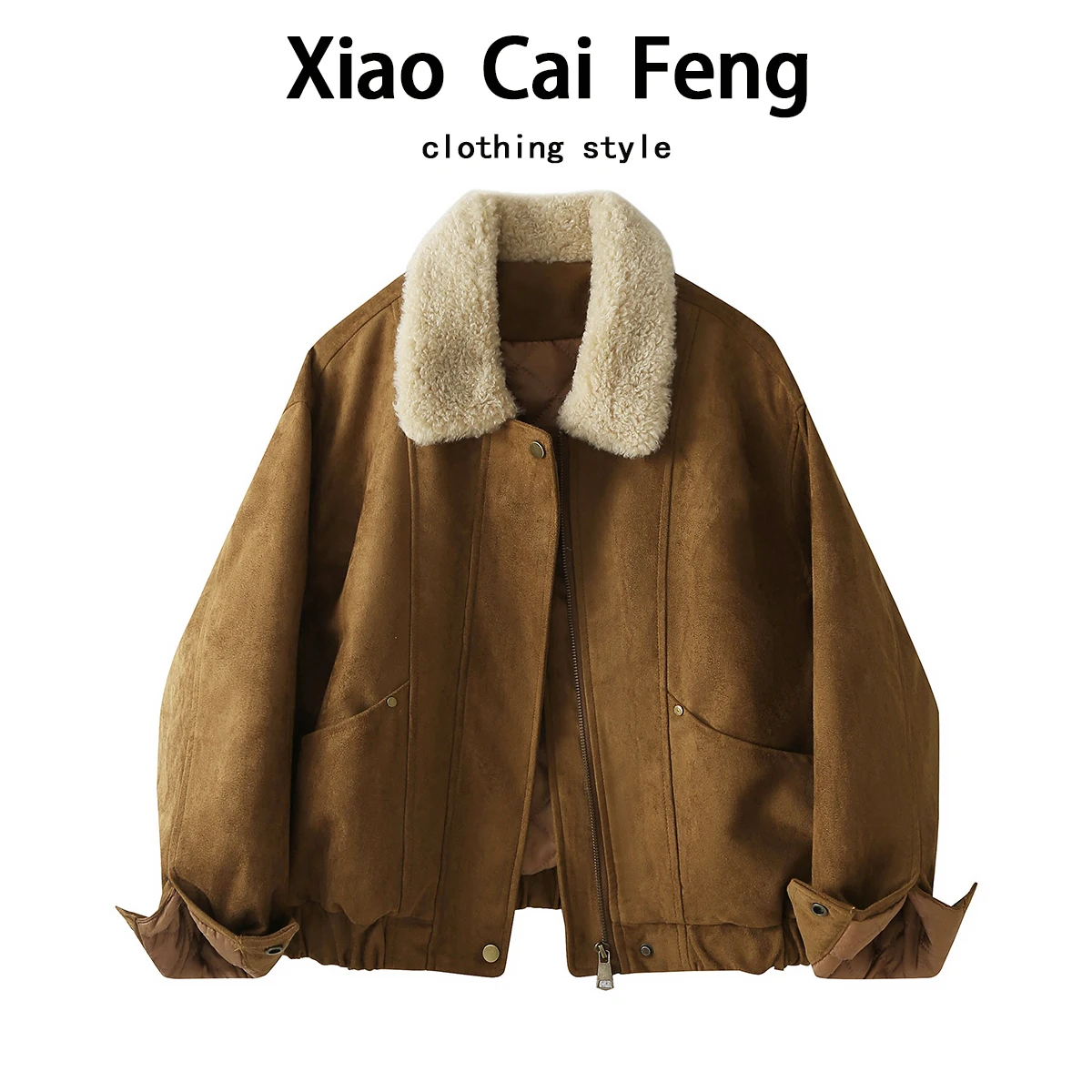 

Fashionable Casual Suede Short Jacket Women's Autumn Winter New Style Warm Thickened Cotton Lined Stand Collar Zipper Coat