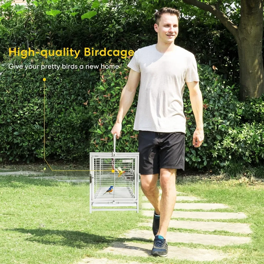 19 Inch Wrought Iron Bird Travel Carrier Cage for Parrots Conures Lovebird Cockatiel Parakeets White