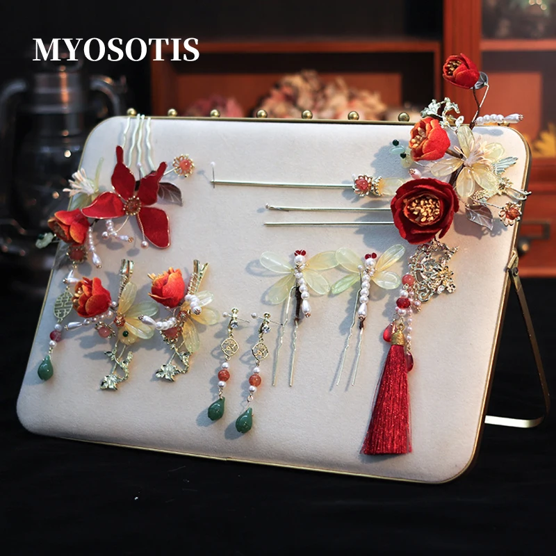 

Новая китайская стрекоза, цветок, жемчуг, зажим для ушей, заколка для волос с кисточкой, свадебный головной убор Xiuhe, классический Cheongsam, аксессуары для утреннего халата