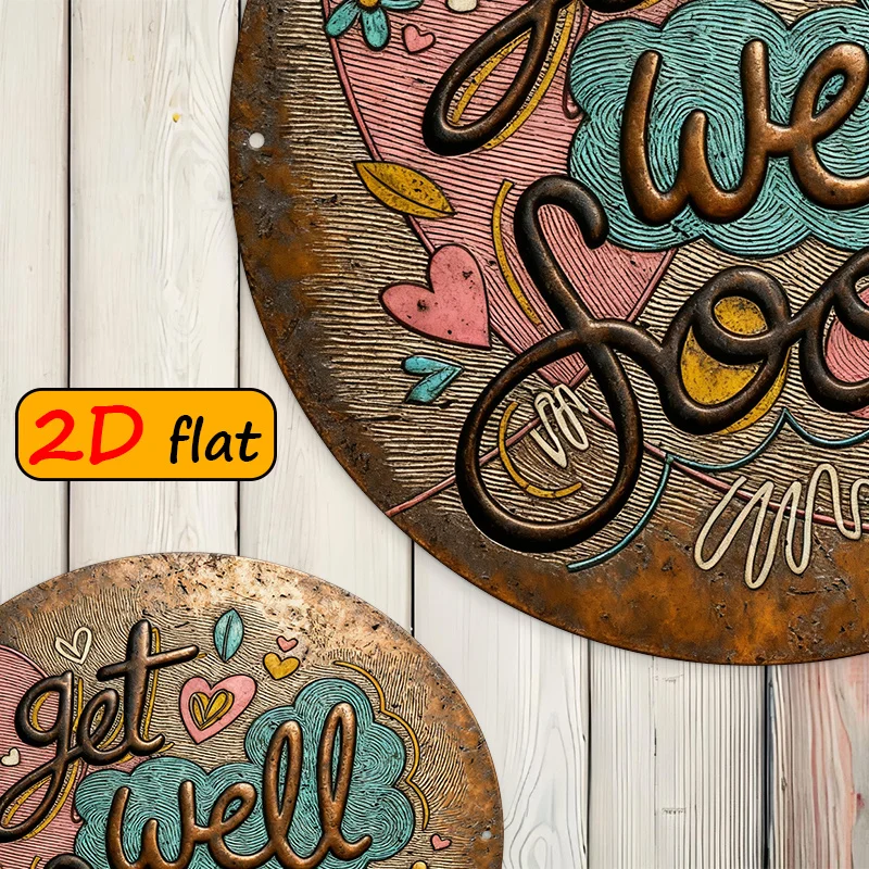 Hand-Drawn Get Well Soon Sign with Heart Flower Cloud Designs, 2D Flat Round Outdoor Plaque for Hospital Room Bedroom Garden Dec
