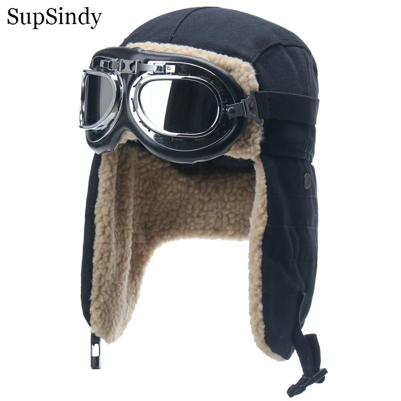 SupSindy Army Military Ushanka Men&Women Windproof Winter Bomber Hats with Goggles Warm Lamb Wool Pilot Earflap Thermal Snow Cap