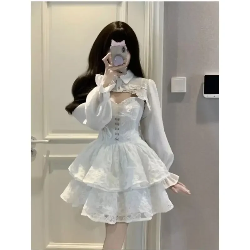 فستان لوليتا كاواي نسائي ، دانتيل أبيض ، أبيض ، مكشكش ، أكمام طويلة ، خرافية ، أشرطة ، حفلة عيد ميلاد ، نساء ، ساخن