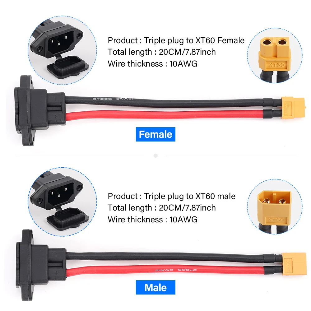 10AWG Male Female XT60to 3pin Power Socket XT60 Battery Car Charging Wire Connector for New Energy E-Bike Battery Charging Cable