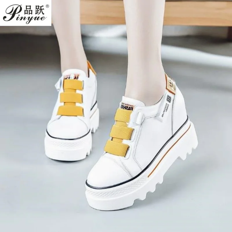 

Women High Platform Sneakers Genuine Leather Youth Girls 9CM Heightened Shoes Lady Trainers Spring Female Chunky Sole Flats 34-
