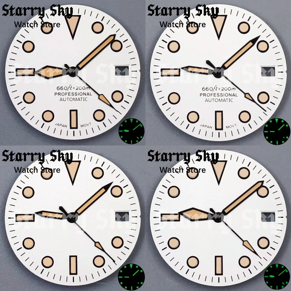 

Звездное небо, 29 мм, белые винтажные циферблаты для часов, стрелки с зеленым светящимся покрытием, подходят для NH35/PT5000, аксессуар для часов с автоматическим механизмом