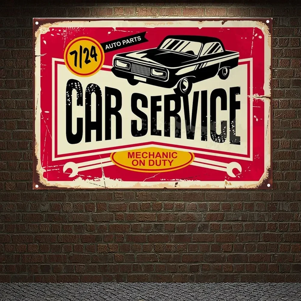 MECHANIC ON DUTY Vintage Car SERVICE Poster Wall Art Painting Wall Decor Banner Flag For GARAGE Auto Repair Shop FILLING Station