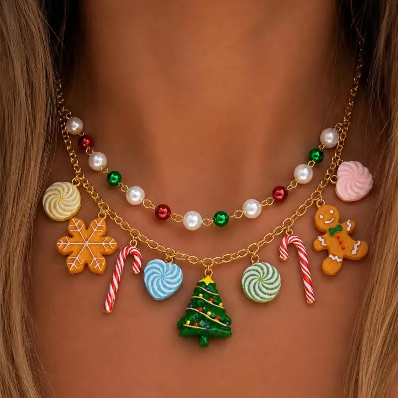 Cute Christmas Layered Necklace For Women Gingerbread Man Xmas Tree Candy Cane Snowflake Pendant Choker Party Holiday Jewelry