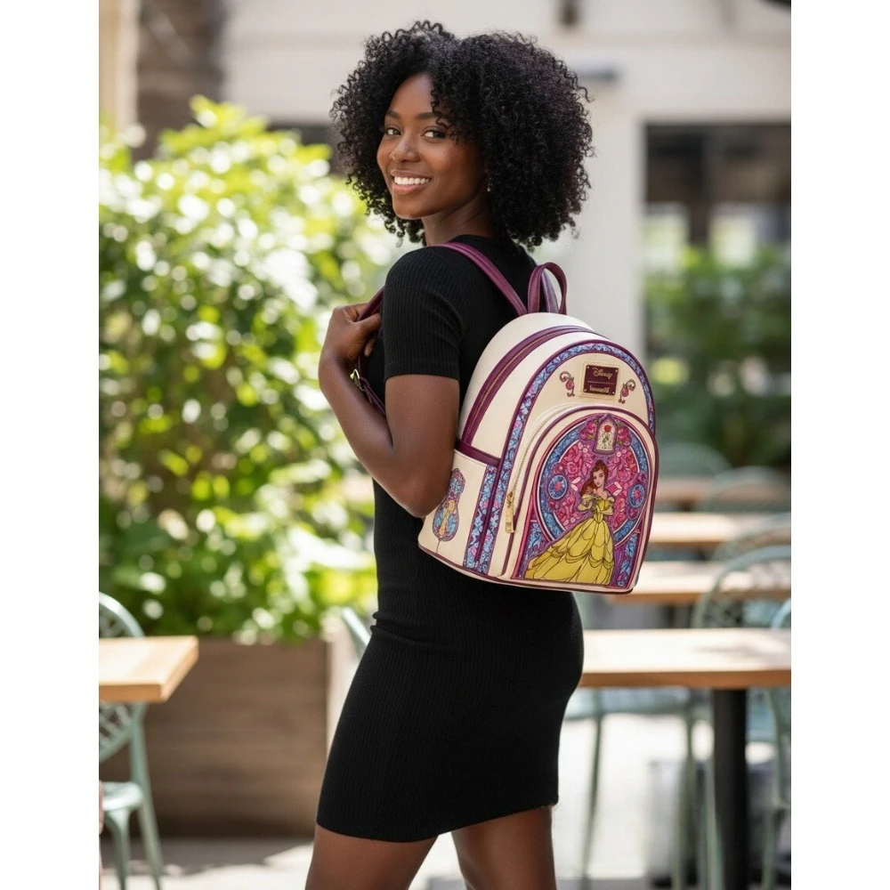 Mini mochila con retrato de Bella de La Bella y la Bestia en vidrio tintado
