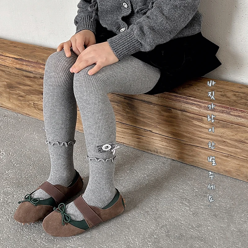 Cute Girls Fashion Solid Tights Delicate Button Bow Accent Grey Woven Cloth Label Chic Ankle Roll Hem Comfort Elastic Pantyhose
