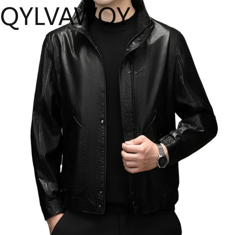 

QYLVAWOY Real Cowhide Leather Jacket Motorcycle Jacket Lapel Jackets for Man Solid Coat Stylish Clothes Кожаная Куртка Мужская