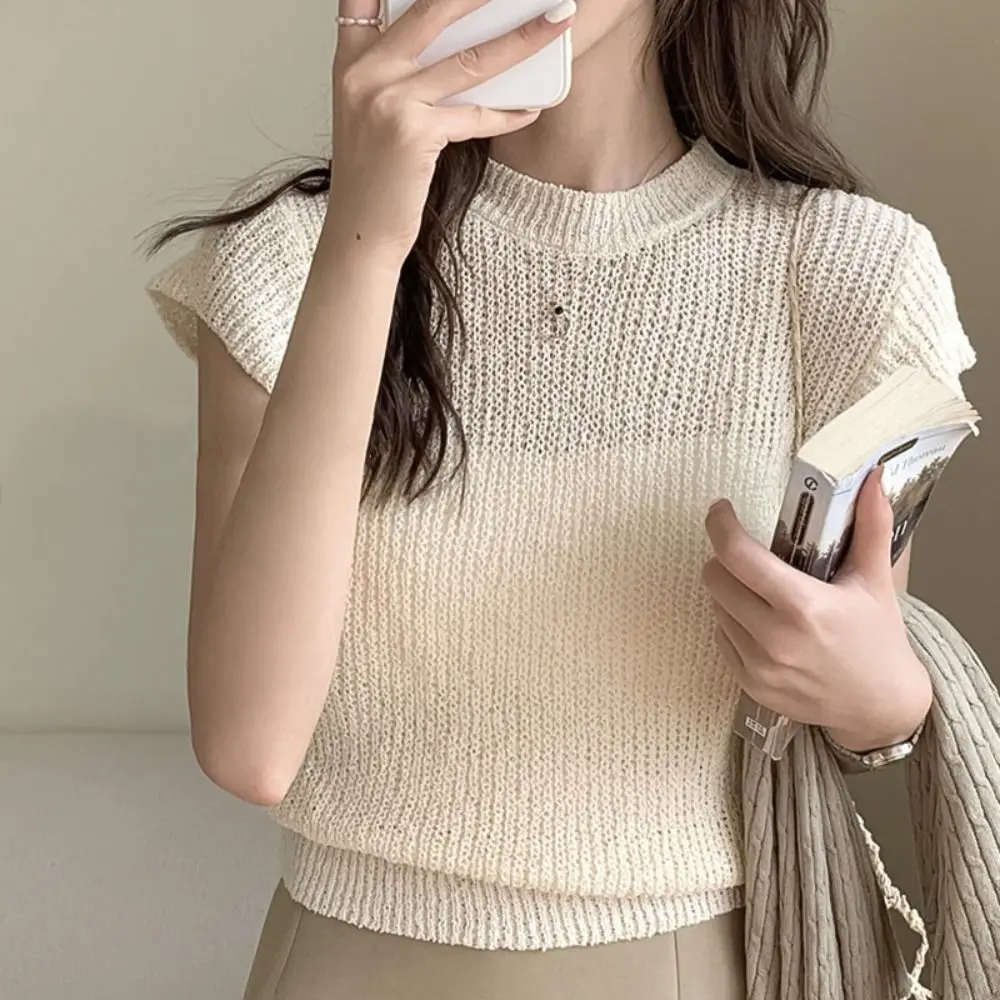 knit Fashion Vest NEW Solid Loose Knitted Tops All-Match Elegant Round Collar Short Sleeve Office Lady