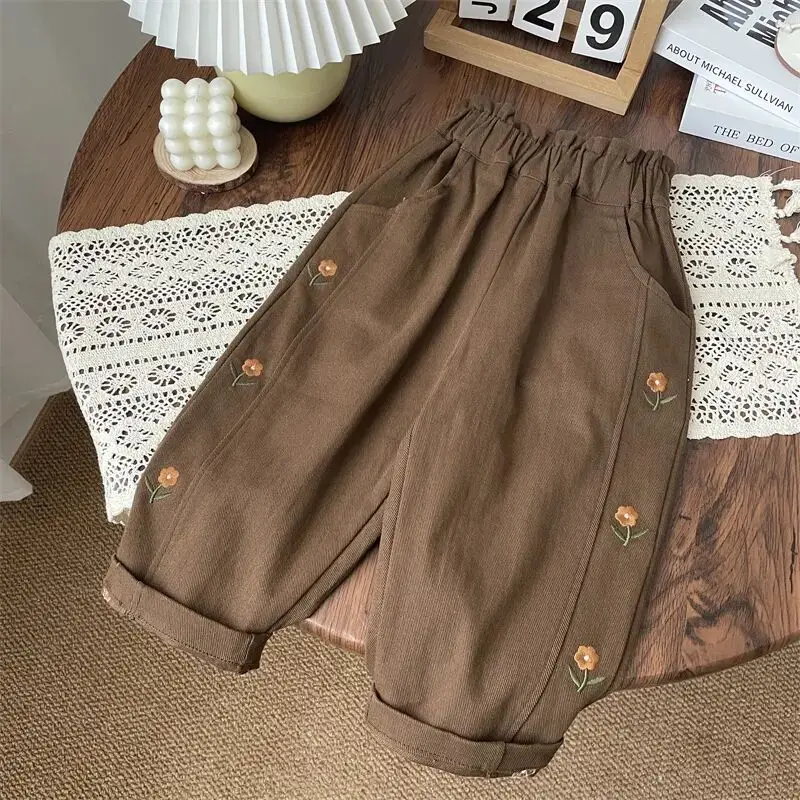 Spring Autumn Baby Girls Trousers Cotton Children's Flower Embroidered Haren Pants Soft Casual