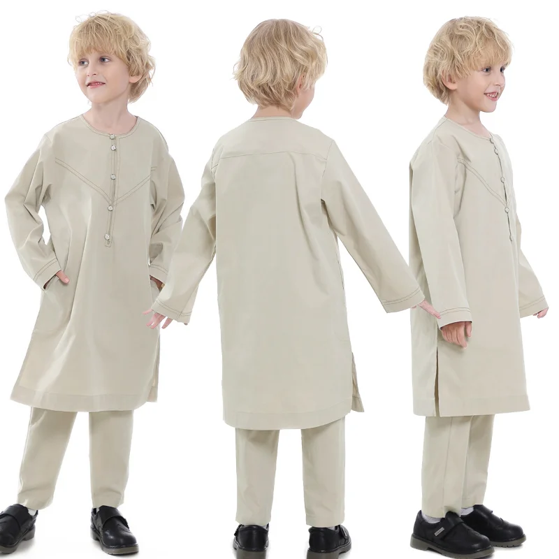 Muslim Boys Kids Robes Pants Set Middle East Children Long Sleeve Round Neck Button Prayer Dress Robe Abaya Jubba Thobe Clothes