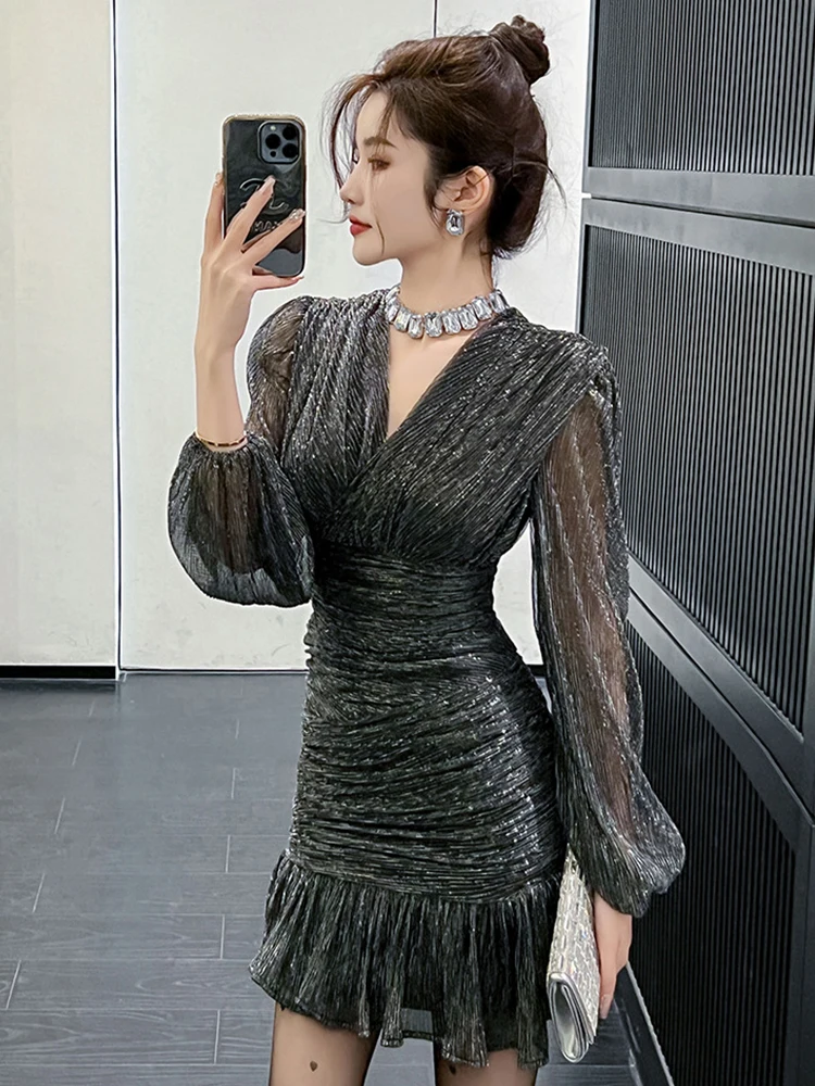 Fashion Lady Vintage Glitter Evening Dress Women Clothing Elegant Sexy V-Neck Folds Slim Mini Short Party Gown Vestidos Fiesta