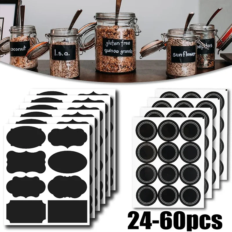 24-60PCS/Set Jars Labels Erasable Chalkboard Sticker Waterproof Craft Spice Record DIY Kitchen Sealing Bottle Reusable Black Tag