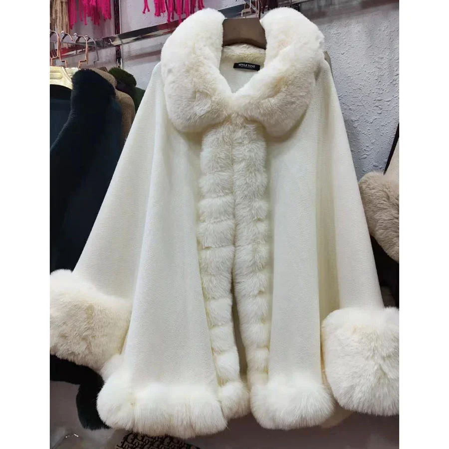 Full Trim Soft Faux Fur Cloak Coat Loose Batwing Cape Turn Down Collar Dress Smock Winter Women Knit Mantle Fashion Young