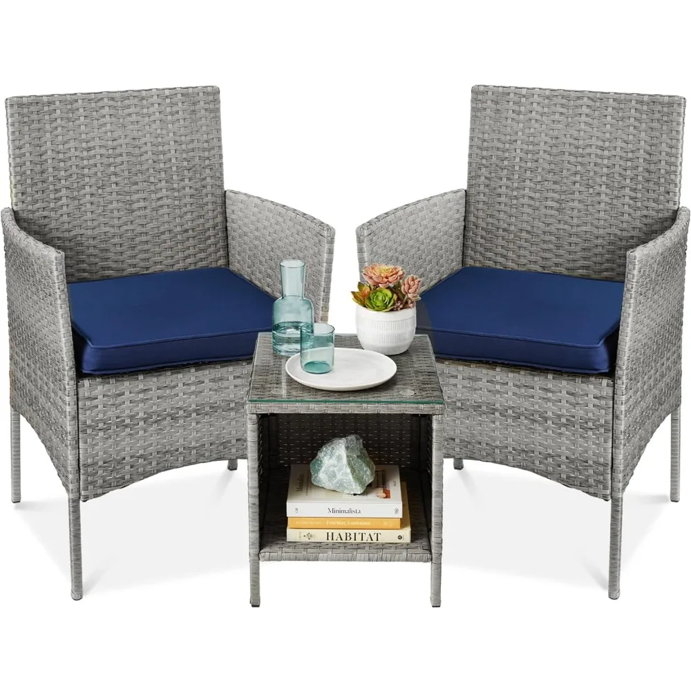 

3Piece Outdoor Wicker Conversation Bistro Set,Space Saving Patio Furniture for Garden w/Side Table Gray/Navy 23 x 21.75 x 32.25