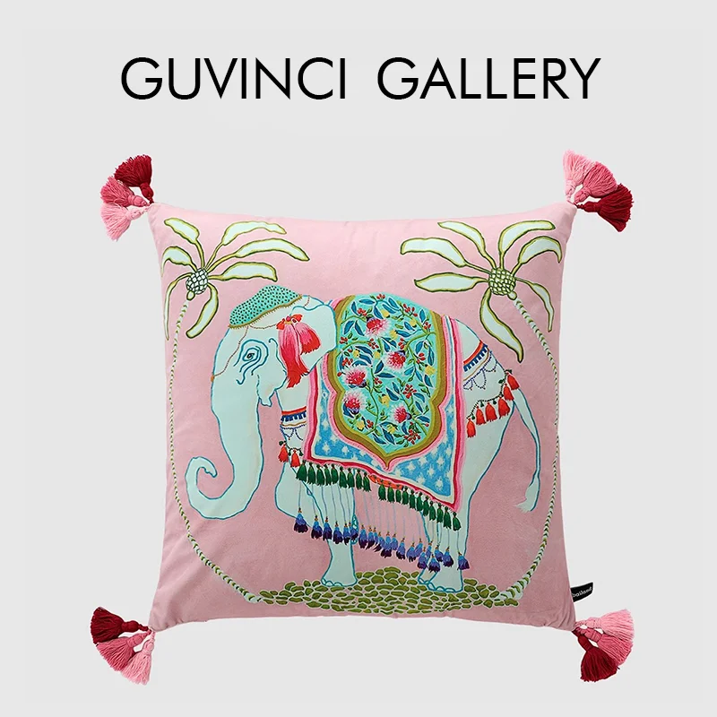 GUVINCI Bohemian Chinoiserie Elephant Decorative Pillow Case Velvet Cushion Cover Special Piece Brings Good Luck To Your Space