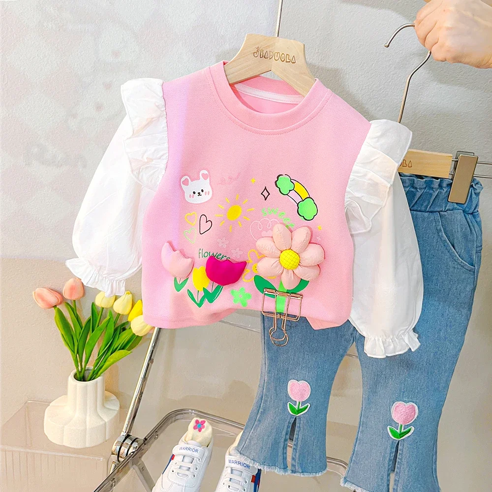 Spring Kids Clothing Sets Baby Girls Lace Floral T Shirt Jeans 2 Pcs Suits Cartoon Infant Clothes Outfits Children Costume