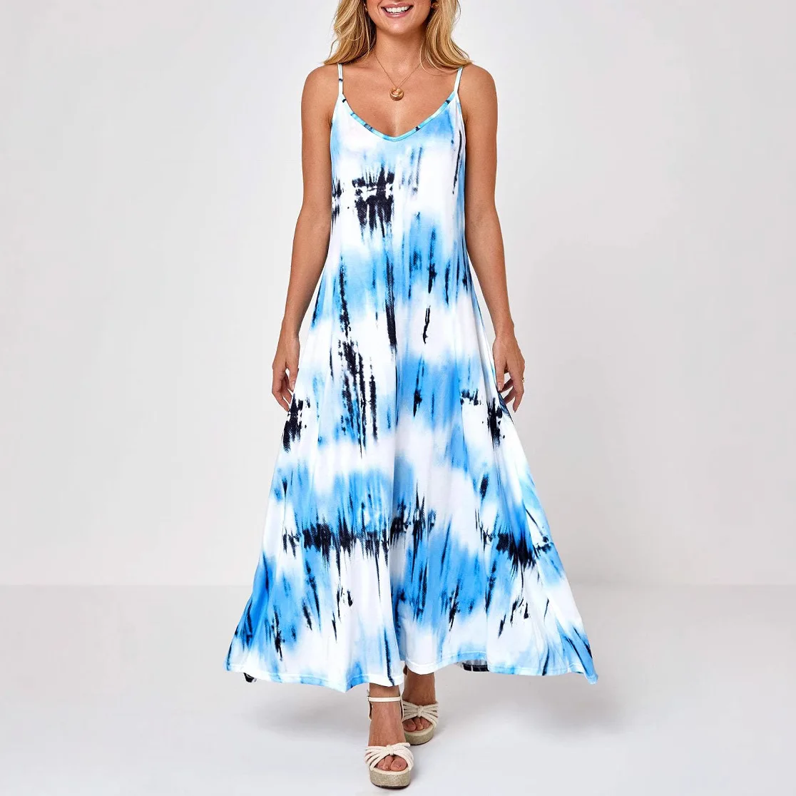 

Summer beach casual dress new tie-dye printing suspender large size dress fashionable simple temperament elegant versatile high-