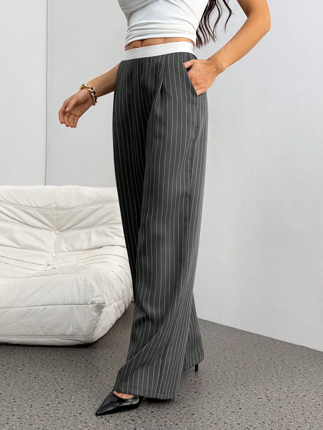 

Широкие брюки в полоску для женщин, деловой повседневный стиль, элегантная офисная одежда