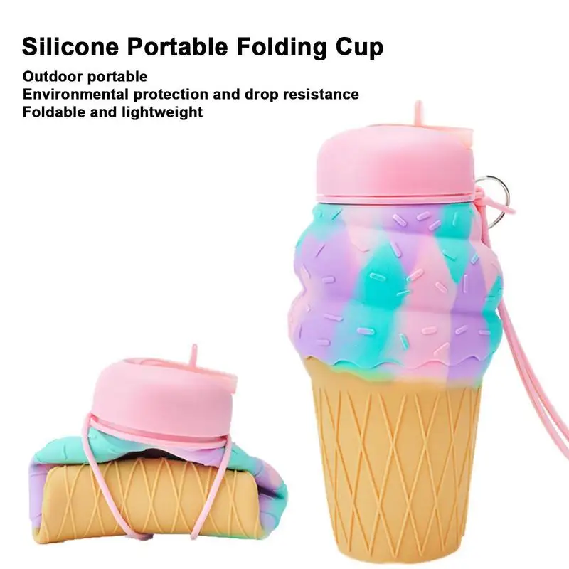 Silicone Straw Cup 500ml Portable Ice Cream Shape Silicone Foldable Flask Leak-proof Cute Roll Up Water Jugs Multifunctional