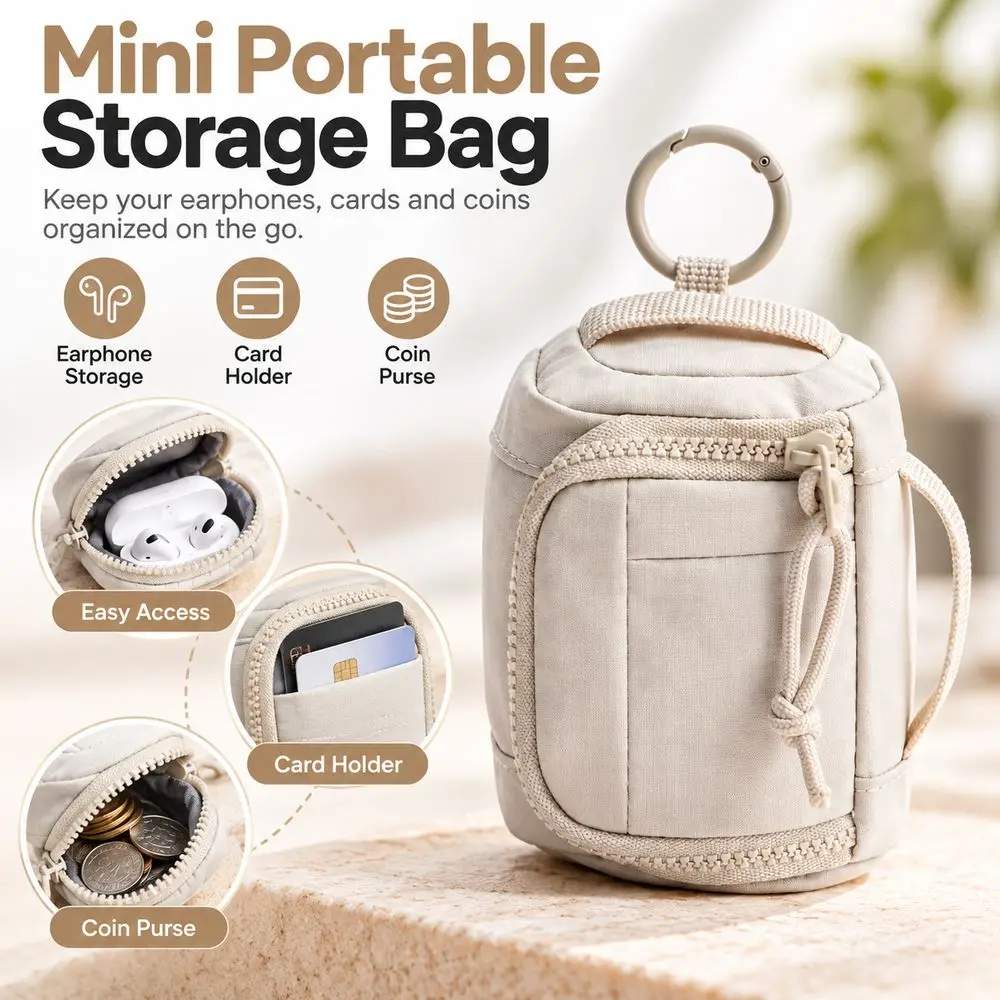 Zipper Closure Coin Purse Pouch Compact Size Front Pocket Mini Storage Bag Beige Nylon Fabric Detachable Ring Travel Organizer