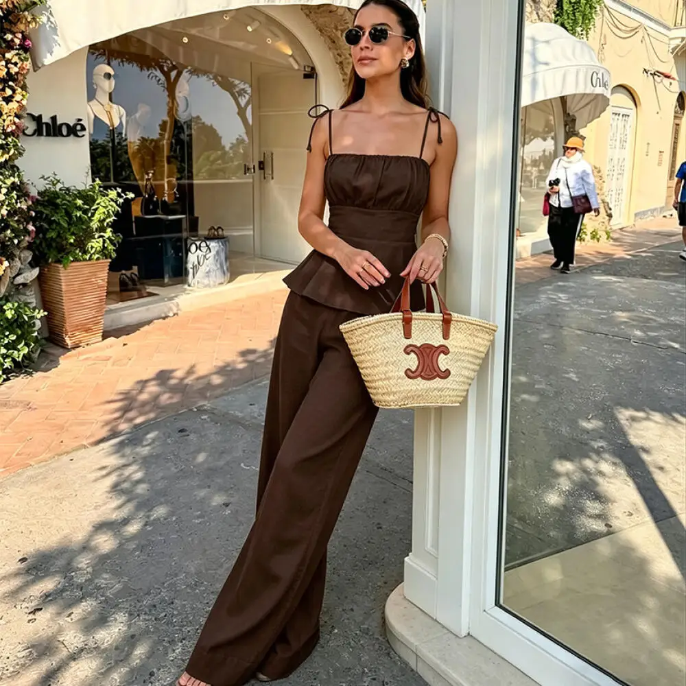 

High Street Fashion Women's Slim Fit Sleeveless Camisole Top Two Piece Set New Lotus Leaf Swing Vest Straight Leg Pants Set