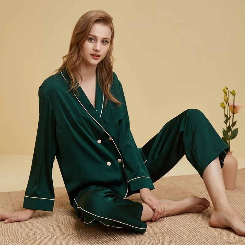 Solid Color Ice Silk Pajamas Women\'s Spring and Summer New High-end Ice Silk Satin Home Clothes Long-sleeved Thin Suit