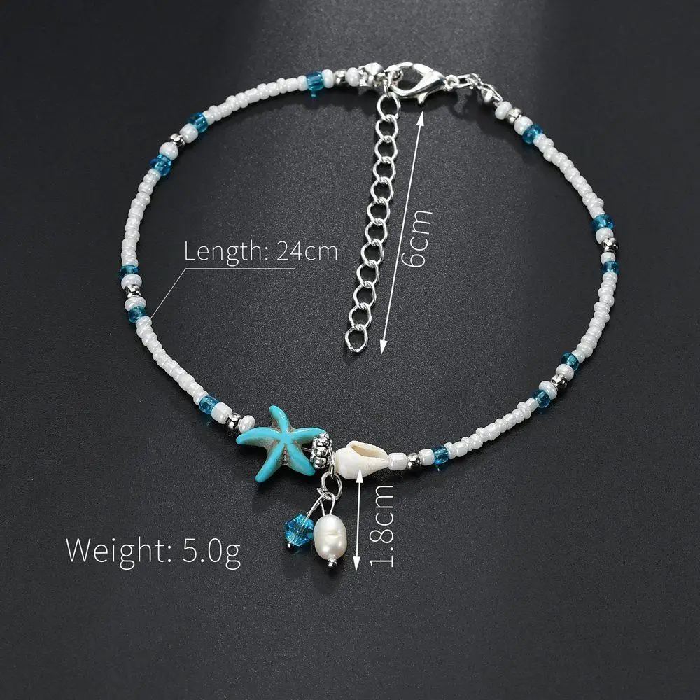 New Adjustable Ankle Bracelet Beach Turtle Double Starfish Anklet Beads Conch Foot Chain Women