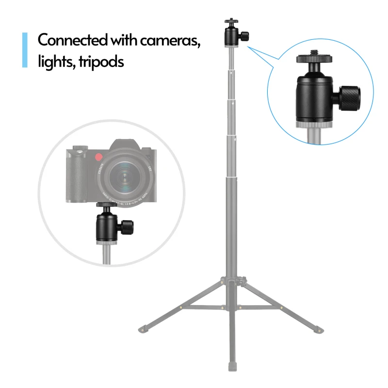 Mini testa a sfera dell'adattatore della testa del treppiede in metallo con vite da 1/4 di pollice e foro per vite da 3/8 di pollice per treppiede con luce a LED per fotocamera del telefono cellulare