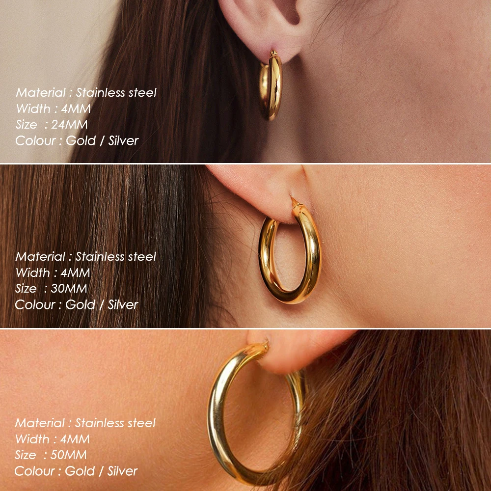 SUNIBI Gold Color Fashion Stainless Steel Hoop Earrings for Women Trendy Small Large Circle Ear Buckle Girls Jewelry Accessories