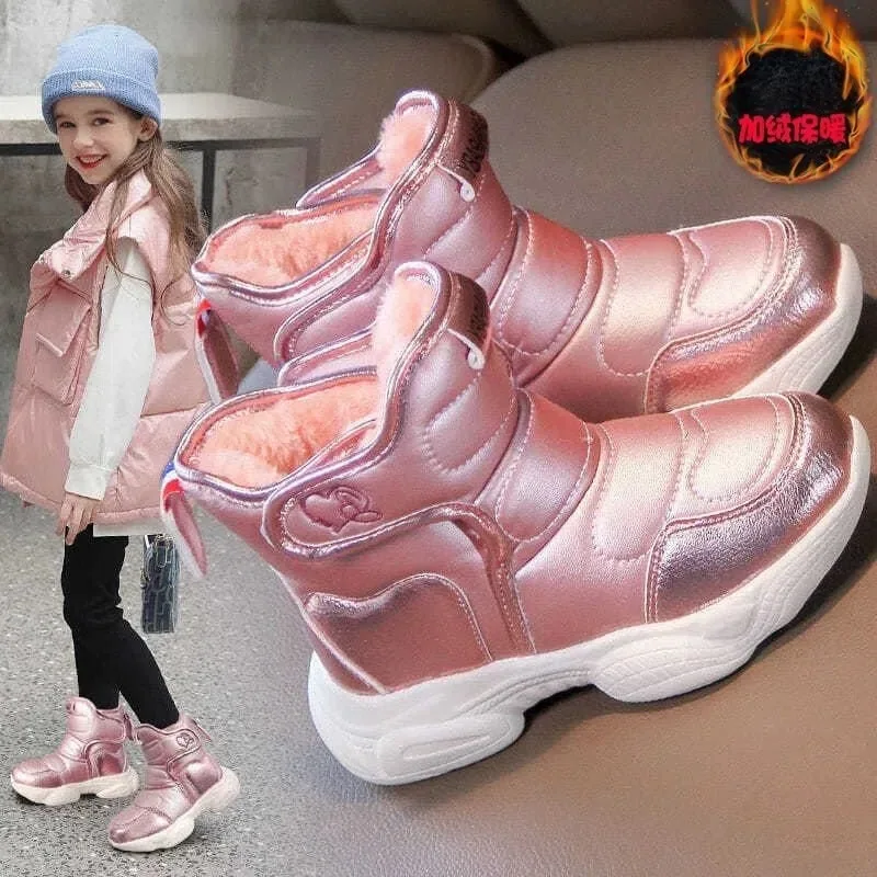 2024 Winter Snow Boots for Girls PU Leather Waterproof Thicking Plush Warm Cotton Shoes Anti-slippery Children Outdoor Sneakers