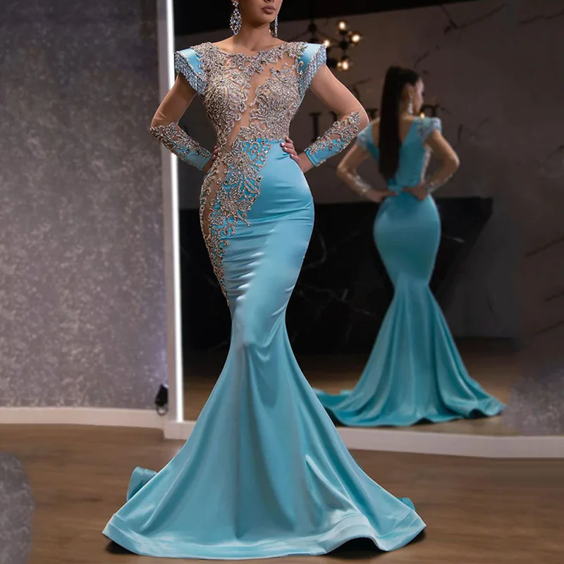 

2024 new daily light blue fishtail skirt banquet long alluvial gold series slimming temperament annual party evening dress women