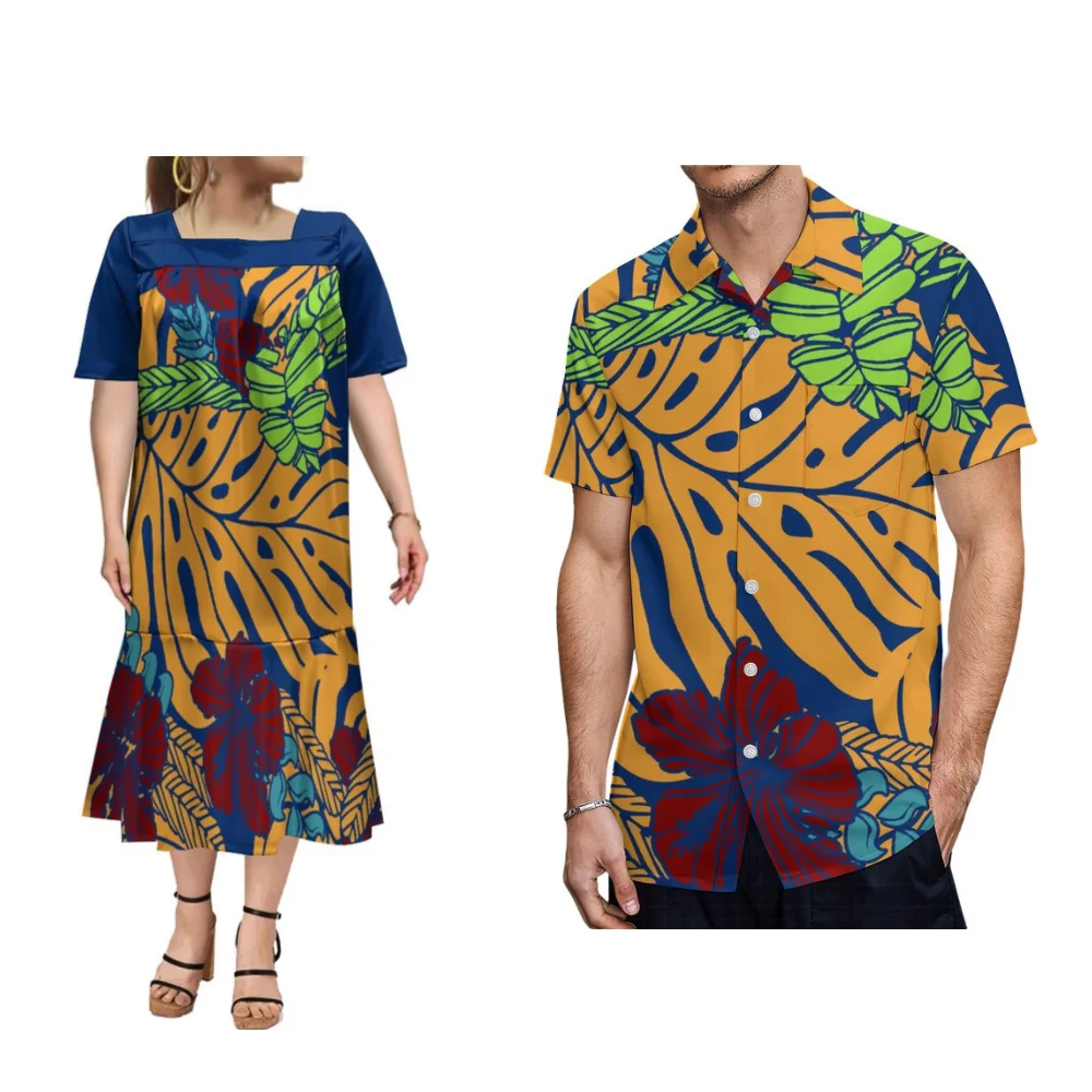 Casual Fashion Couple Clothing Custom Polynesian Mumu Dress Men's Shirt Microsia Fishtail Skirt 2024 New Style