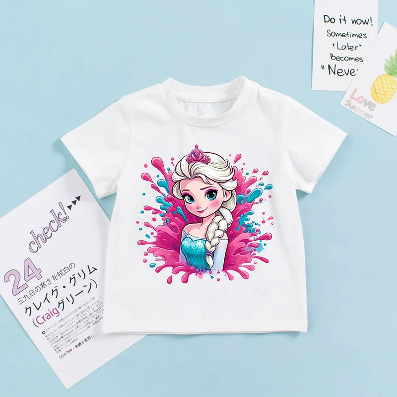 Frozen Elsa Cartoon Anime T-Shirt for Little Girls 3-8 Years Old Fashion Sweet Summer Top Kids Gift